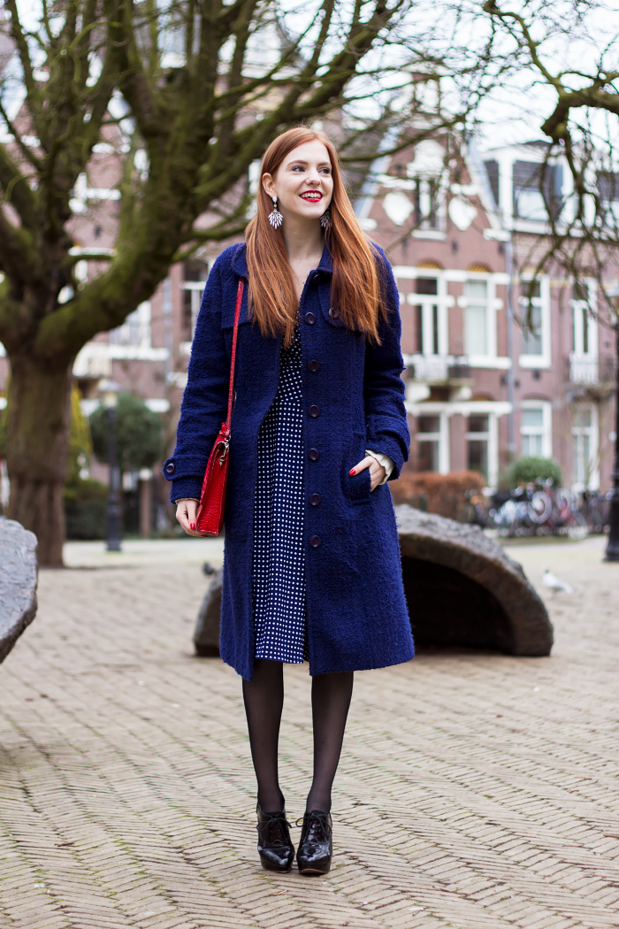 2016 02 24 Outfit Polka Dot Dress White Knit Cardigan Amsterdam